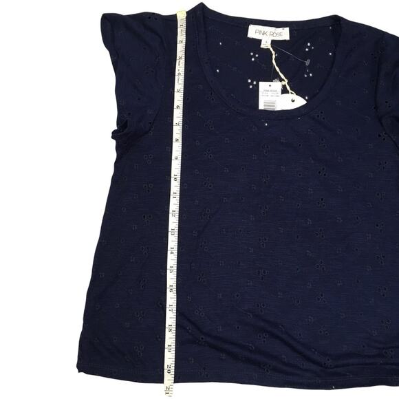 Pink Rose Top Eyelet Short Flutter Sleeve Blouse Women's L Navy Blue NEW Shirt‎ - Picture 5 of 9